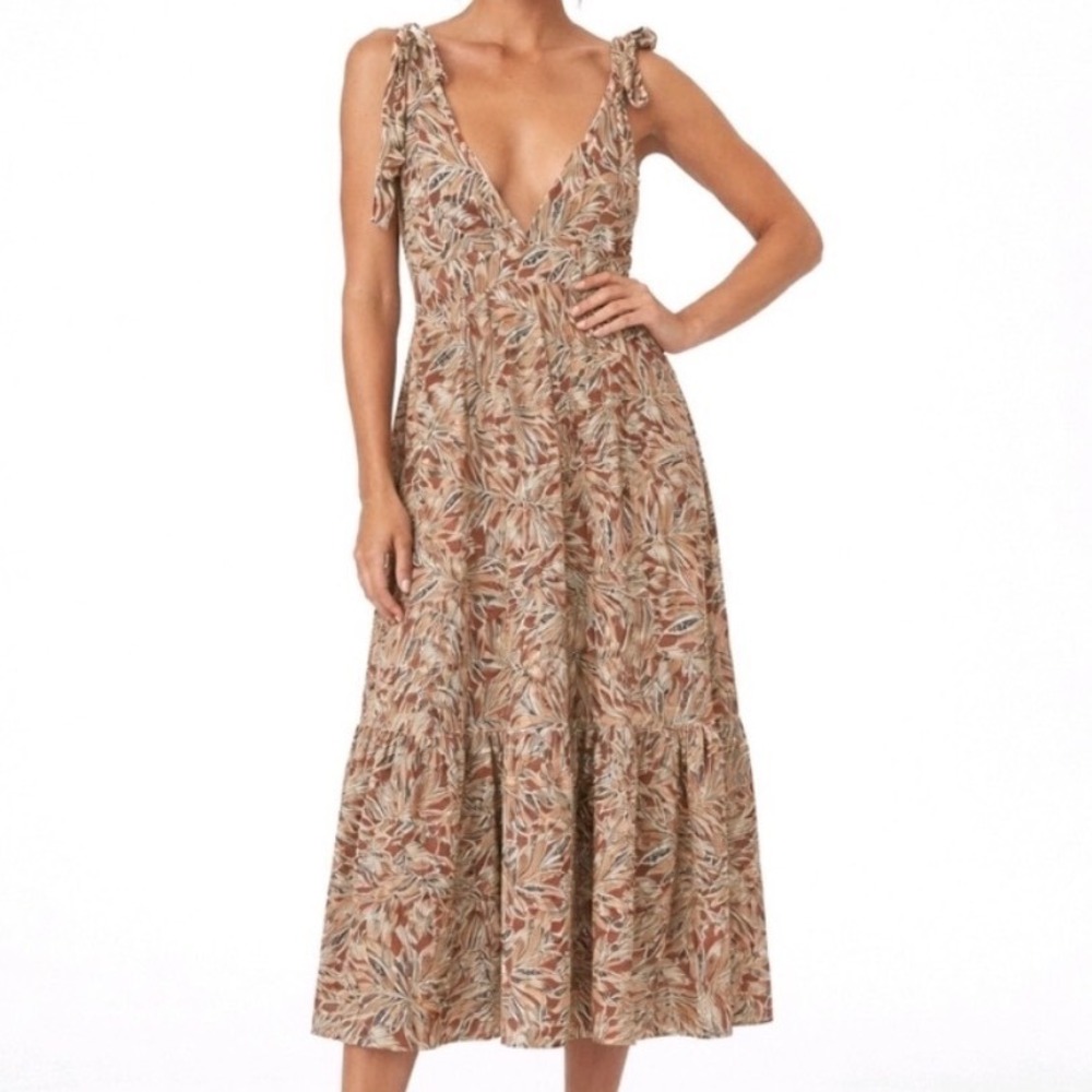 House of Harlow 1960 Linen‎ Blend Tropical Leaf Tie Shoulder Tiered Midi Dress S